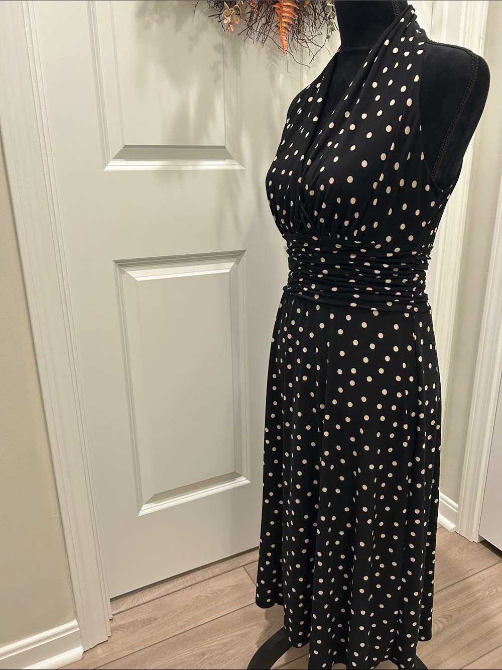Black With Cream Polka Dot Halter Midi Dress Size 6 by Van Picone - Picture 11 of 12